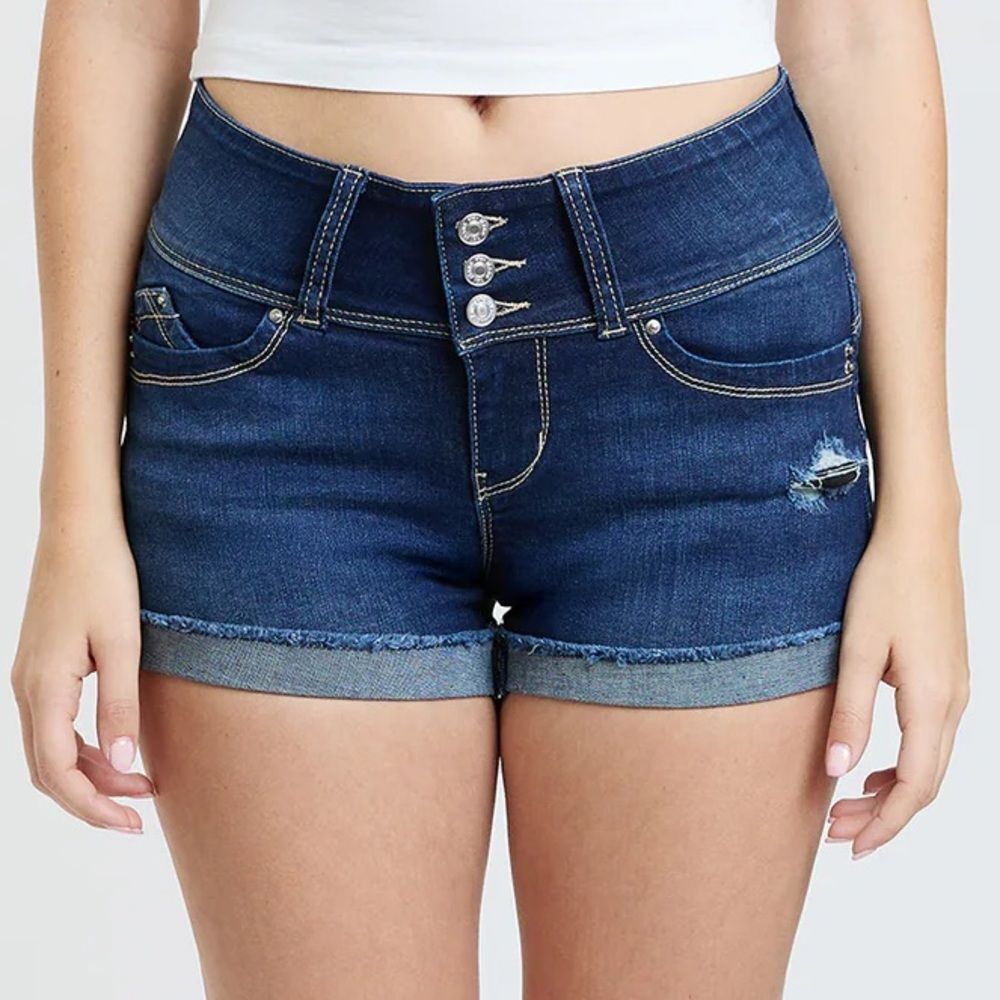 YMI High Rise Distressed Denim Shorts 5 XS WannaBettaButt Indigo Dark Wash Jean